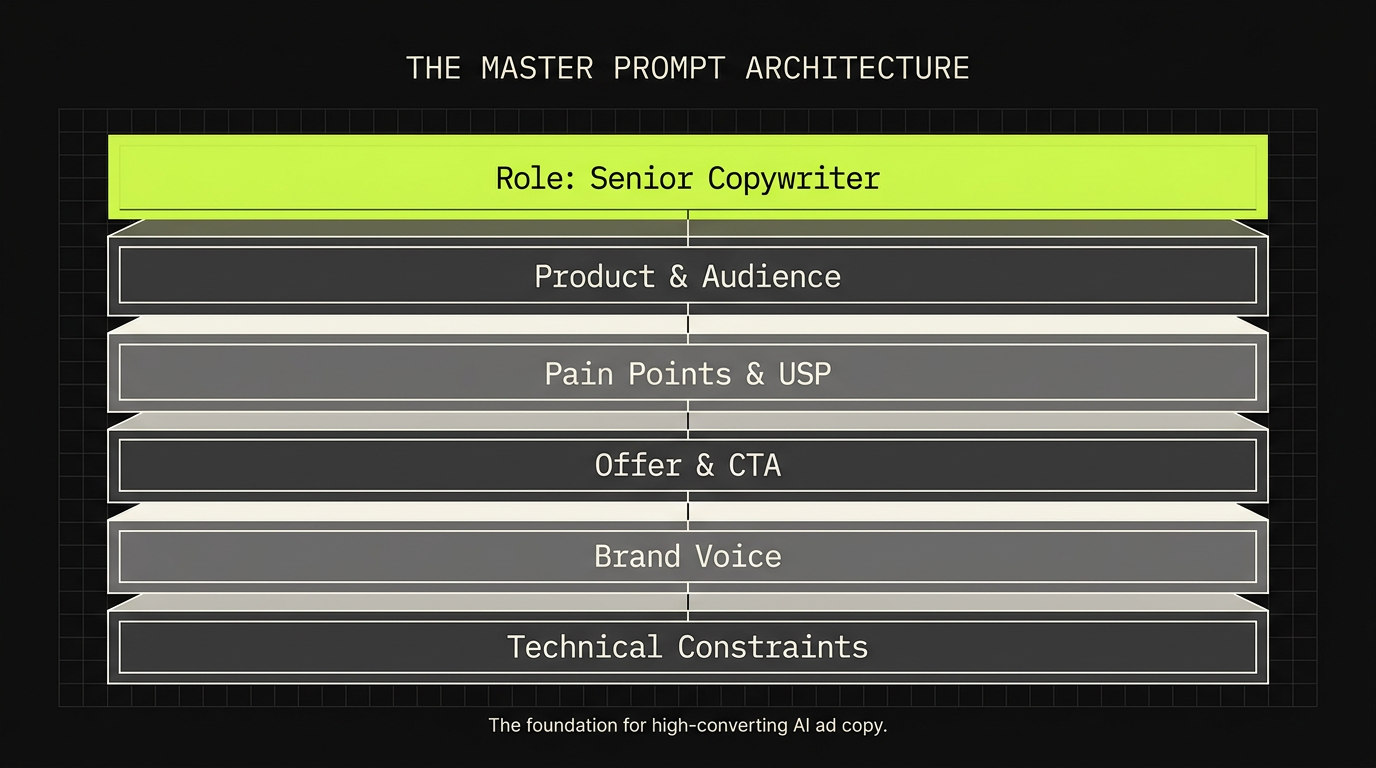 Ένα infographic που δείχνει τη δομή του Master Prompt σε επίπεδα, ξεκινώντας από τον ρόλο του AI και καταλήγοντας στους τεχνικούς περιορισμούς.