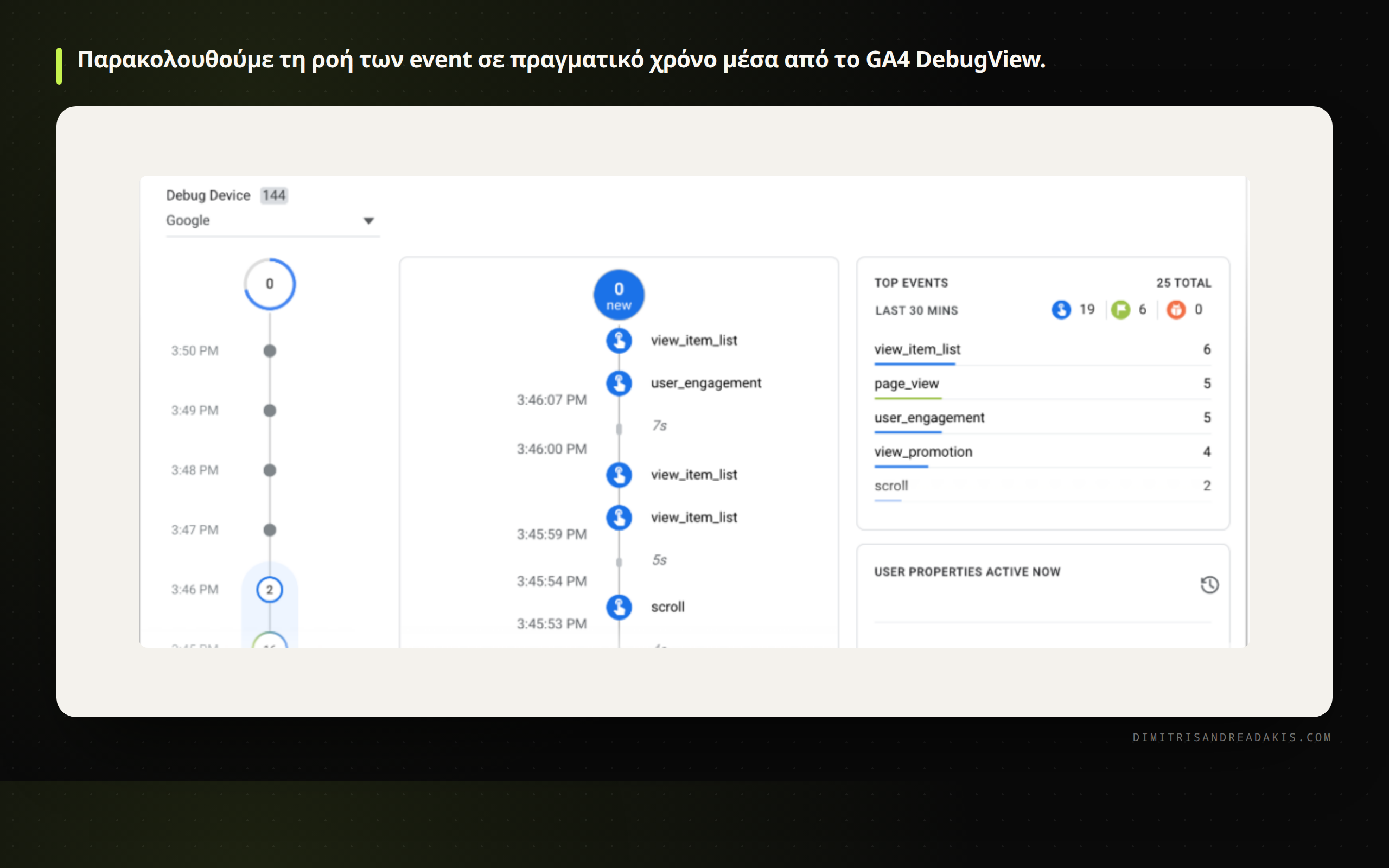 Στιγμιότυπο της οθόνης DebugView στο Google Analytics 4