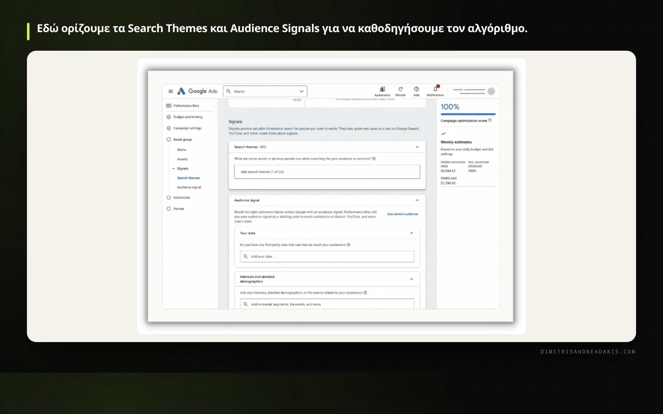 Διασύνδεση Google Ads για την προσθήκη σημάτων κοινού και θεμάτων αναζήτησης σε καμπάνια PMax.