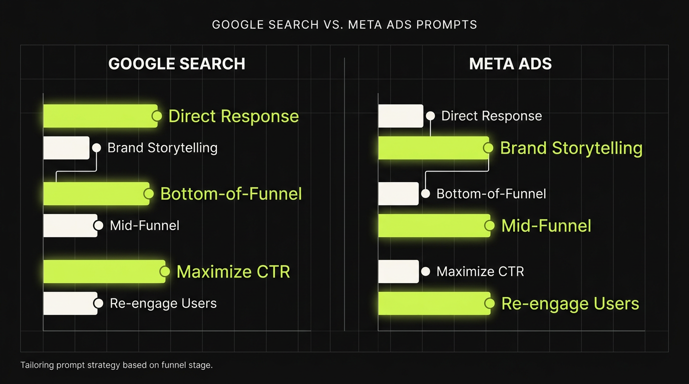Σύγκριση των prompts για Google και Meta Ads, δείχνοντας τις διαφορές στη στρατηγική περιεχομένου, το κοινό-στόχο και τον επιδιωκόμενο σκοπό.