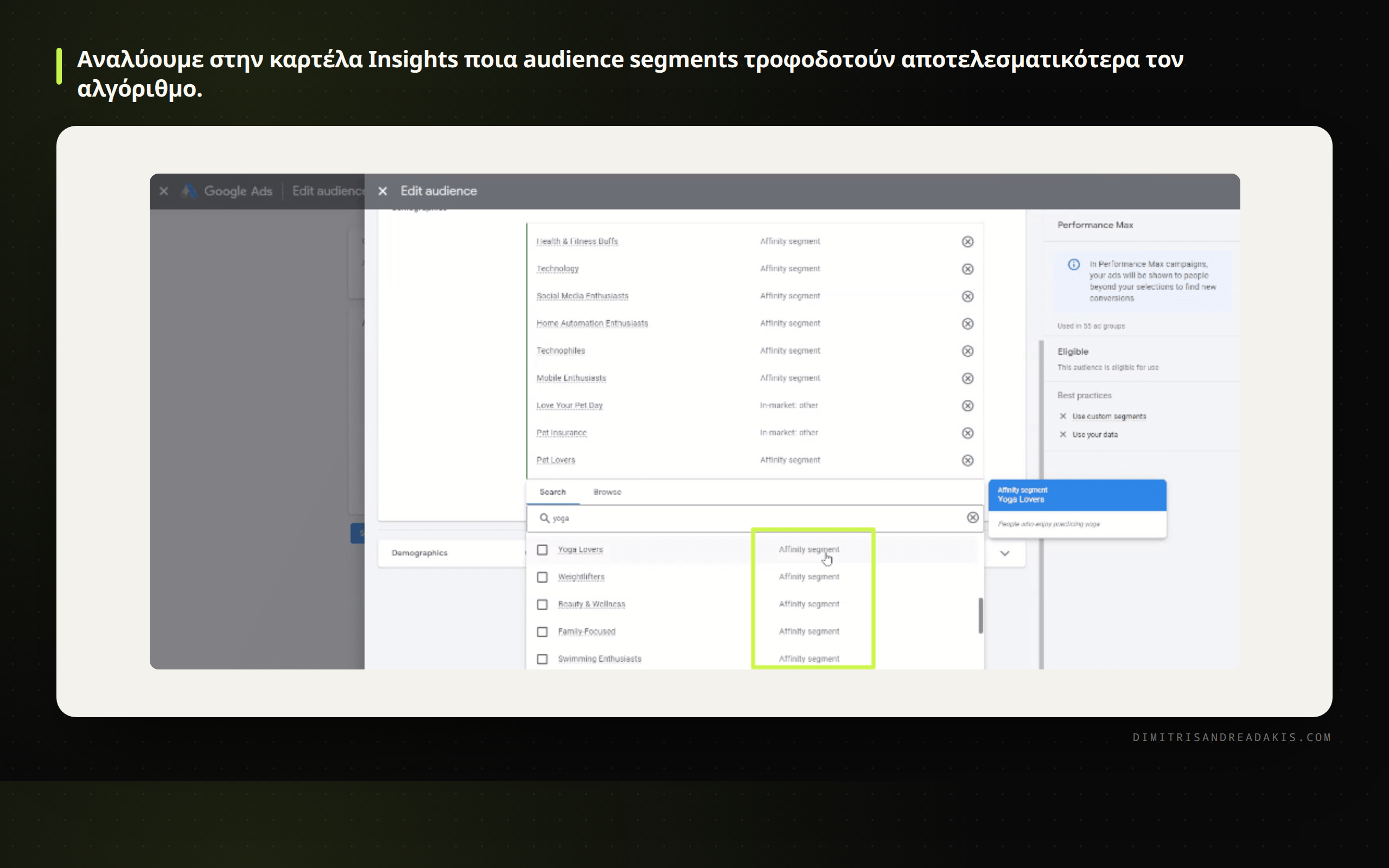 Αναφορά Insights της Google Ads που δείχνει την απόδοση των audience signals
